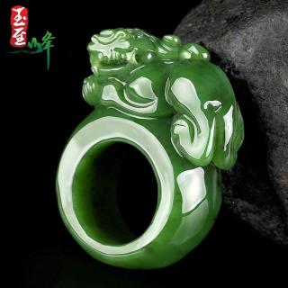 玉至峰新疆和田玉碧玉招财貔貅戒指天然玉石霸气男内径22mm大扳指